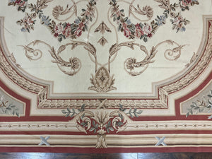 Large Aubusson Rug 10x14, Elegant French European Floral Design, Vintage Handmade Wool Room Sized Carpet, Ivory
