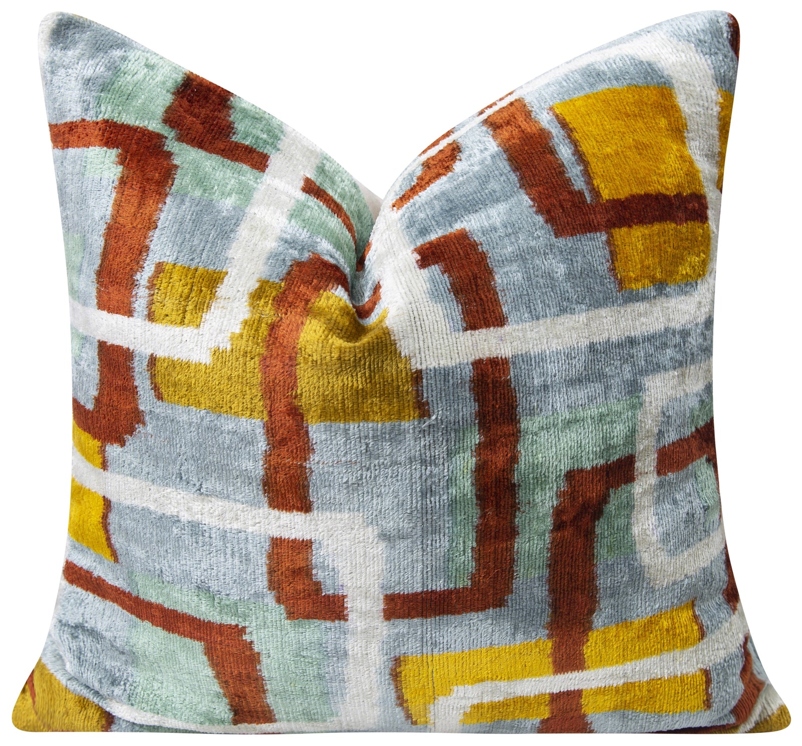 Handmade Silk Velvet Throw Pillow - 20x20, Modern Geometric Design in Burnt Orange, Yellow, and Mint Green with Down Feather Insert