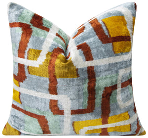 Handmade Silk Velvet Throw Pillow - 20x20, Modern Geometric Design in Burnt Orange, Yellow, and Mint Green with Down Feather Insert