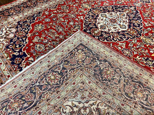 Persian Kashan Rug 10x13, Floral Medallion, Traditional Area Rug, Red Navy Blue Ivory, Handmade Semi Antique Vintage Wool Oriental Carpet 10 x 13