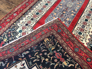 Persian Rug 5x12 ft, Red Cream Navy Blue, Pictorials, Hand Knotted Handmade Wide Runner Tribal Bidjar Semi Antique Wool Geometric Oriental Rug