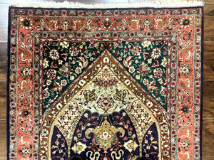 Persian Tabriz Rug 3x4, Navy Blue, Birds, Floral, Prayer Rug, Handmade Wool Rug, Finely Hand Knotted 325 KPSI