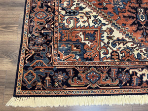 Heriz Rug 5.6 x 8, Geometric Medallion, Wool Oriental Carpet, Tribal Boho Rug, Red Navy Blue Cream, Belgium Power Loomed Rug, Medium Sized