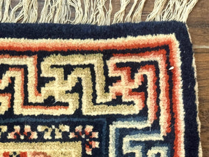 Small Antique Chinese Rug 2x2, Red Blue Square Rug Mat, Handmade, Tibetan Rug