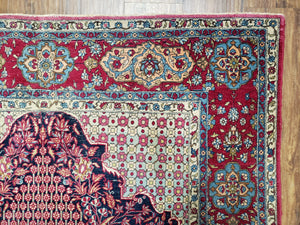 Antique Persian Tehran Rug 5x8, Midnight Blue and Red, Hand-Knotted, Wool