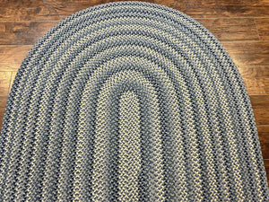 American Oval Braided Rug 5x8 Wool Handmade Vintage Carpet, Multicolor, Blues Gray Cream
