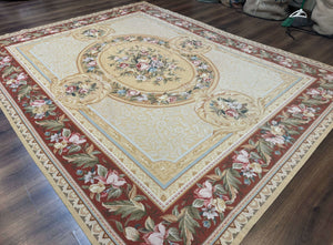Needlepoint Rug 8x10, Aubusson Savonnerie European Carpet, Floral, Elegant