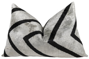 Handmade Velvet Pillow – Silver & Black Chevron, 16x24"
