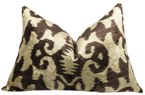 Handmade Velvet Pillow with insert – Olive & Brown Ikat Pattern, 16x24"