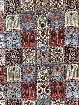 Persian Qum Rug 9x13, Multicolor Panel Design, Red Blue Cream, Hand Knotted Vintage Large Wool Rug