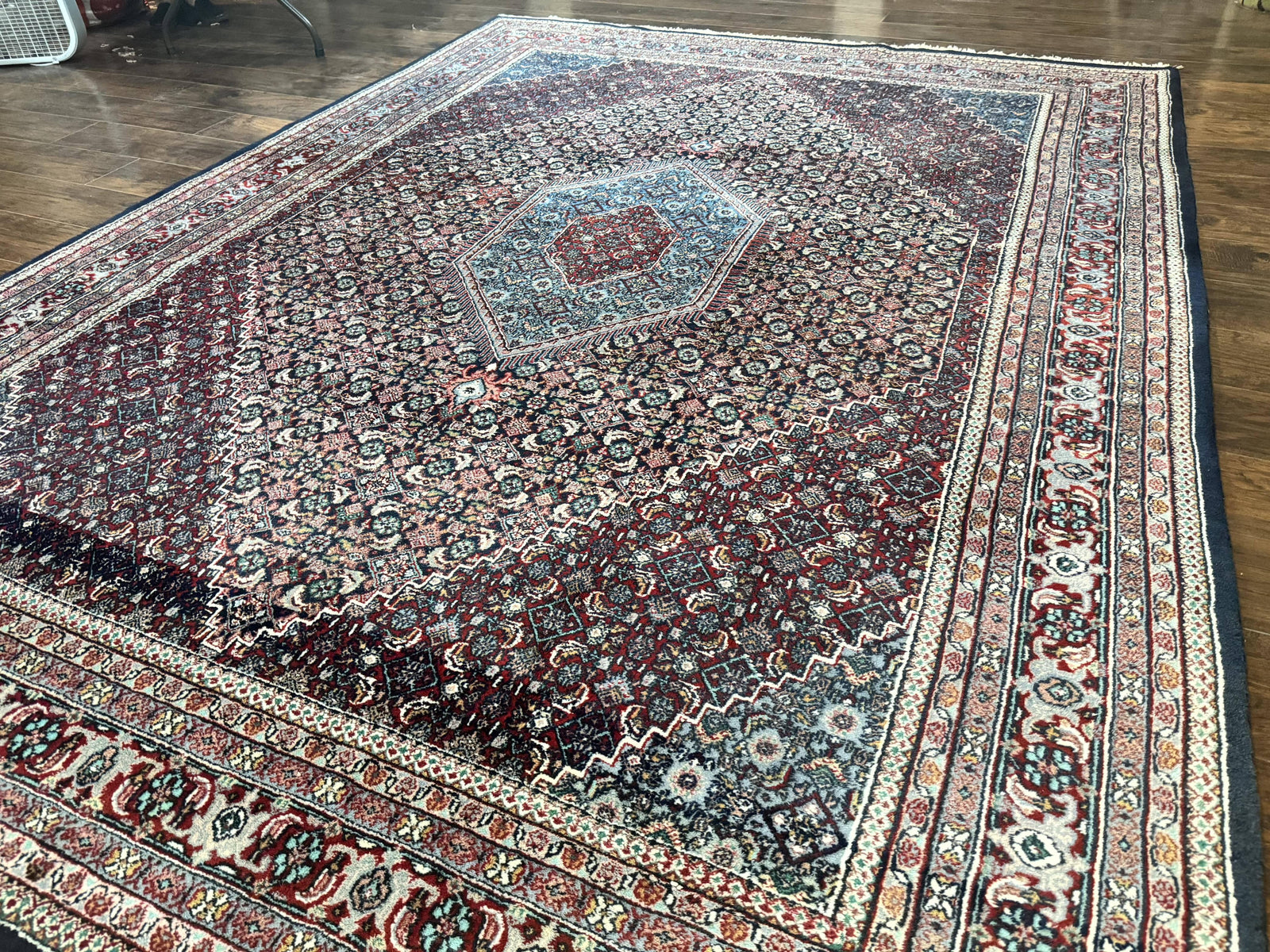 Indo Persian Bidjar Rug 8x11, Herati Mahi Pattern, Red Navy Blue, Handmade Vintage Wool Carpet