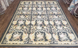 Vintage Black Aubusson Area Rug 8x10, Large Flowers Chinese Aubusson Carpet 7.9 x 10, Wool Hand-Knotted Floral Pattern Flat Weave Rug Nice