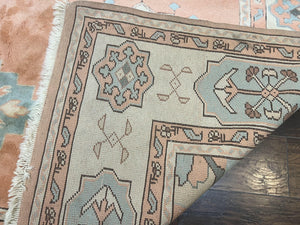 Turkish Oushak Rug 9x12, Wool Hand Knotted Vintage Carpet, Peach Cream Light Blue Room Sized Oriental Rug
