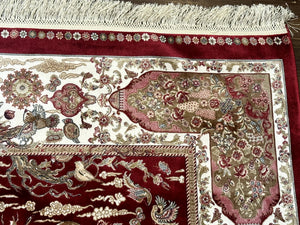 Turkish Silk Hunting Scene Rug 5 x 7.6, Red & Ivory, Bamboo Silk, New