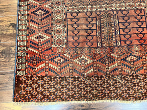 Antique Turkoman Rug 4x4, Hatchli Square Carpet, Wool Handmade Four Season Yamud Design Rug, Red Bohemian Tribal Rug, Engsi Tekkeh Rug