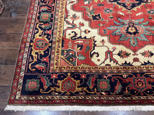 Persian Heriz Serapi Rug 8 x 10.6, Geometric Medallion, Great Colors, Rare, Red Navy Blue Ivory