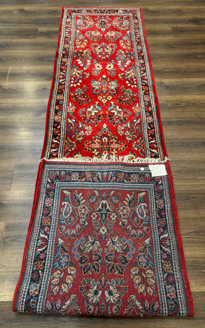 Persian Sarouk Runner Rug 3x12, Red Floral 3 x 12ft Runner, Vintage, Wool