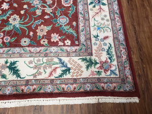 Indo Persian Rug 7.9 x 9.9 ft, Room Sized Indian Carpet, Wool Handmade Vintage Rug, Allover Floral Rug, Traditional Rug, Red Ivory Blue 8x10