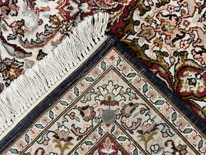 Silk Indian Kashmiri Rug 9 x 11 ft, Room Sized Silk Vintage Indo Persian Handmade Hand Knotted Fine Oriental Carpet, Ivory and Maroon