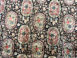 Sino Persian Rug 9x12, Navy Blue and Pink Hand Knotted Wool and Silk Highlights Vintage Oriental Carpet, Handmade Floral Area Rug 9 x 12 ft