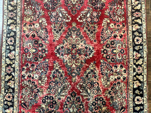 Antique Persian Sarouk Rug 4x7, Floral, Red 1920s Persian Wool Carpet