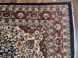 Indo Persian Rug 9x13, Floral Medallion, Midnight Blue & Burgundy, Hand Knotted Vintage Room Sized Traditional Wool Oriental Carpet