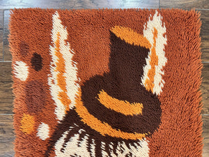 Rya Shag Rug 2x4, Rabbit in Top Hat, Wool, Orange, Vintage 1960s Danish Shag Rug