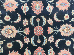 Large Indo Persian Rug 10x14, Wool Hand-Knotted Carpet, Navy Blue Ivory