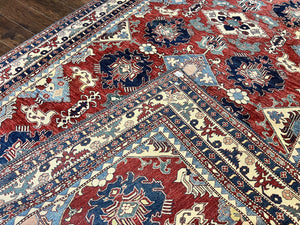 Turkish Heriz Rug 7x10, Wool Hand Knotted Handmade Room Sized Oriental Carpet, Red & Ivory, Vintage Geometric Oriental Rug 7 x 10 ft