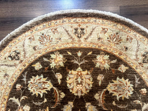 Round Pakistani Rug 6x6, Brown and Beige, Floral, Peshawar Rug, Traditional
