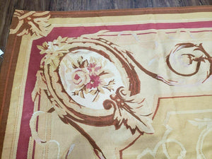 Aubusson Rug 10x13, Savonneire Carpet 10 x 13 ft, Handmade Vintage Flatweave Room Sized Wool Floral Aubusson, Cream/Tan Ivory Reds Pinks