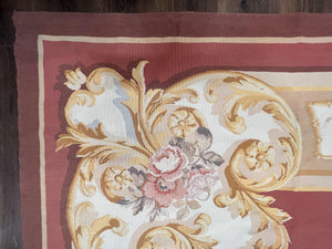 Aubusson Rug 9x12, Red Ivory Gold Tan, Handmade Hand Woven Aubusson Savonnerie Carpet, Vintage Flatweave Room Sized Aubusson Area Rug 9 x 12