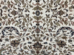 Indo Kirman Rug 8x12 Allover Floral Design, Ivory/Cream Brown, Vintage Handmade Hand Knotted Rug, Traditional Wool Persian Carpet 8 x 12