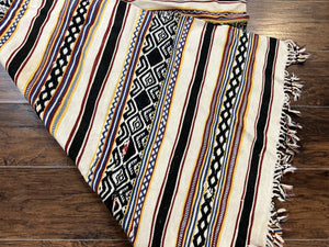 South American Kilim Rug 4x7 ft, Wool Handmade Vintage Carpet, Ivory Black Multicolor Stripes, Bohemian Blanket Rug, Flatweave Area Rug
