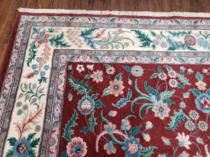 Indo Persian Rug 7.9 x 9.9 ft, Room Sized Indian Carpet, Wool Handmade Vintage Rug, Allover Floral Rug, Traditional Rug, Red Ivory Blue 8x10