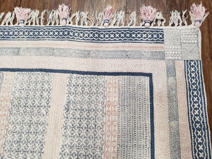 Vintage Moroccan Kilim Area Rug 4x6, Ivory & Blues, Moroccan Wall Hanging, Wool, Handmade, 3'9" x 6' 1", Boho Rug, Flatweave Moroccan Carpet