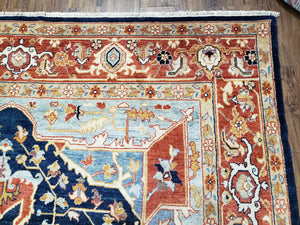 Safavieh Samarkand Heriz Rug 8x9 ft, Colorful Serapi Room Sized Hand-Knotted Wool Carpet, Tribal Rug, Vintage Oriental Rug, Navy Blue & Red