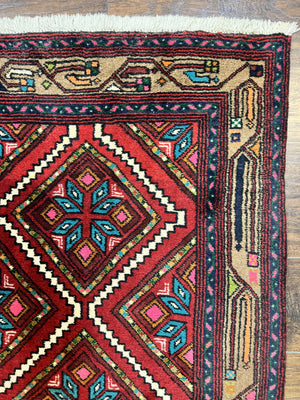 Persian Tribal Runner Rug 3x10, Red Camel Hair Navy Blue, Handmade Hand Knotted 10ft Wool Oriental Vintage Runner for Kitchen or Hallway, Persian Lilihan Hamadan Runner