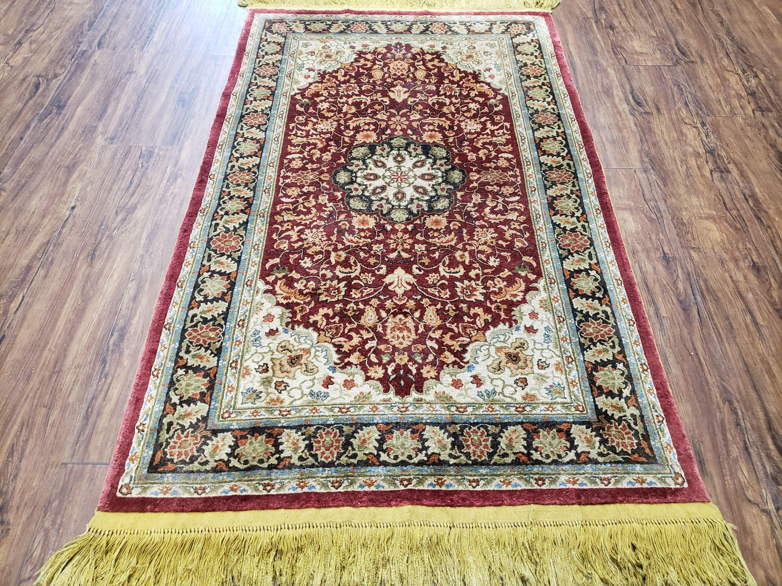 3x5 Silk Hand-Knotted Rug, Silk Oriental Carpet 5 x 3, Red & Ivory, Floral Medallion, Gold Fringes, Semi Antique Vintage Traditional Rug