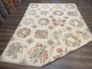 Vintage Needlepoint Rug 8x11, Floral Panel Design, Flatweave Handmade Needlepoint Carpet 8 x 11, Room Size Wool Needlepoint Rug, Cream Color