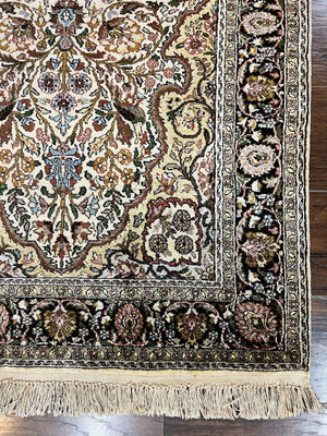 Turkish Kayseri Silk Rug 3x5, Tree of Life Silk Oriental Carpet, Birds Persian Vase Design, Hand Knotted Vintage Fine Rug, 340 KPSI