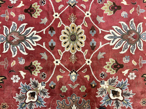 Indo Persian Rug 9x12, Wool Hand Knotted Vintage Carpet, Red & Ivory, Floral Allover, 9 x 12 Room Sized Rug