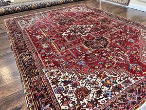 Persian Heriz Rug 10x13, Wool Hand Knotted Vintage Carpet, Geometric Medallion Tribal Oriental Rug, Red & Ivory, 10 x 13 Large Sized Rug