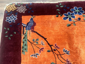 Chinese Art Deco Rug 5x8, Antique Chinese Wool Rug, Nichols Rug, Rare Chinese Carpet, Orange and Purple-Maroon