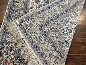 Persian Isfahan Rug 5x8, Kork Wool on Silk Foundation, 440 KPSI, Handmade Vintage Carpet, Floral Medallion Oriental Rug, Ivory & Blue, Very Fine