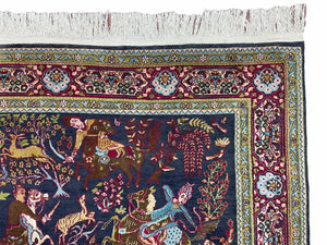 Indian Kashmiri Wool & Silk Rug 4x6 ft, Hunting Scene, Midnight Blue, Hand-Knotted, Archers, Swords, Horses, Vintage Antique Oriental Carpet