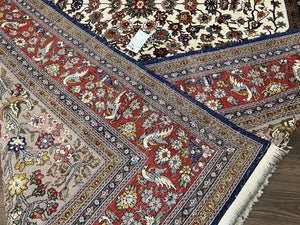 Beautiful Sino Persian Rug 7x10, Circle of Life Tree of Life Rug, Birds, Cream Red Navy Blue Taupe, Wool Silk Accents, Hand Knotted Vintage
