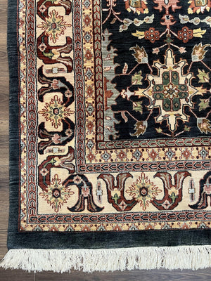 Indo Persian Mahal Rug 9x12, Dark Green and Cream Hand Knotted Wool Oriental Carpet, Floral Allover, Vintage Traditional Handmade Room Sized