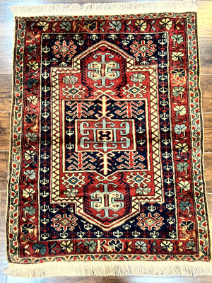 Antique Turkish Sparta Rug 3x4, Geometric Caucasian Pattern, Vintage Handmade Tribal Wool Carpet