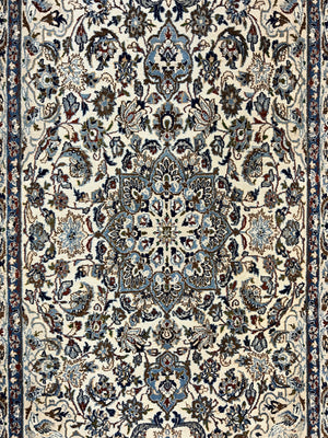 Persian Nain Rug 4x7, Floral Medallion Oriental Carpet 4 x 7 ft, Ivory Persian Rug, Handmade Hand Knotted Vintage, Wool & Silk Highlights, Birds